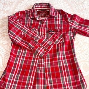 Women's Superdry Co Flannel Button Front Plaid Cotton Shirt Medium Red Fitted